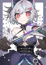 1girl a_sa_gohan absurdres breasts choker cleavage fur_trim gloves grey_hair halterneck highres instrument music official_alternate_costume playing_instrument serpina_(shironeko_project) shironeko_project short_hair solo spiked_choker spikes two-headed_dog violin