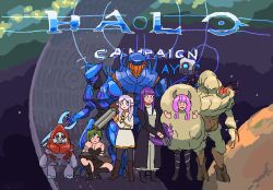 343_guilty_spark 4girls aura_(sousou_no_frieren) black_dress black_footwear black_jacket black_pantyhose boots breasts brown_footwear capelet cleavage copyright_name crossover dress energy_sword fern_(sousou_no_frieren) flood_(halo) flood_carrier_form frieren green_hair grunt_(halo) gun halo:_combat_evolved halo_(series) halo_installation highres holding holding_gun holding_sword holding_weapon horns hunter_(halo) jacket kanokoga logo m41_spnkr multiple_girls needler non-humanoid_robot open_hands pantyhose ponytail purple_hair robot sangheili shirt skirt smile sousou_no_frieren squatting striped_clothes striped_shirt sword ubel_(sousou_no_frieren) weapon white_capelet white_dress white_shirt white_skirt