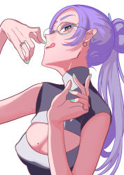 1girl :p breasts cleavage_cutout clothing_cutout colored_eyelashes earrings female_focus glasses green_eyes hair_bun highres jewelry looking_at_viewer mole mole_on_breast mole_under_eye mole_under_mouth nn_ssmmdd original ponytail sideways_glance simple_background single_hair_bun sleeveless tongue tongue_out upper_body vore white_background