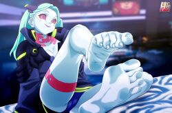 bare_legs barefoot cyberpunk_(series) cyberpunk_edgerunners feet foot_focus panties rankerhen rebecca_(cyberpunk) smile soles toes underwear