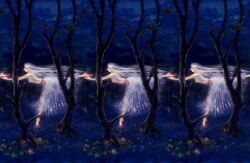 Rule 34 | 1girl, blue background, closed mouth, commentary request, dancing, dress, forest, full body, long hair, mushroom, nature, noco (user 1490719), original, recurring image, red shoes, shoes, smile, standing, standing on one leg, tree, white dress, white hair