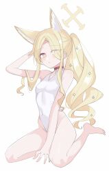1girl animal_ears blonde_hair blue_archive breasts dreamoon fox_ears fox_girl highleg highleg_one-piece_swimsuit highres long_hair looking_at_viewer one-piece_swimsuit pink_eyes seia_(blue_archive) seia_(swimsuit)_(blue_archive) simple_background sitting small_breasts solo swimsuit visor_cap white_background white_one-piece_swimsuit