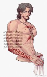 Rule 34 | 1boy, arm tattoo, bara, black hair, blood, blood on chest, blood on face, blood on hands, closed mouth, commission, cropped torso, cross, cross necklace, fate (series), highres, holding, holding towel, jewelry, kotomine kirei, male focus, muscular, navel, necklace, pectorals, simple background, solo, tattoo, toned, toned male, topless male, towel, vamos mk, watermark