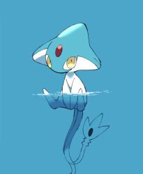 azelf blue_background creatures_(company) forehead_jewel game_freak gen_4_pokemon highres kemonoto814 legendary_pokemon looking_at_viewer nintendo no_humans pokemon pokemon_(creature) simple_background solo tail water yellow_eyes