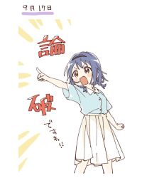 1girl black_hairband blue_hair blue_shirt blush_stickers braid brown_eyes buttons collared_shirt commentary_request contrast_collar cropped_legs furutani_himawari hairband highres namori open_mouth outstretched_arm pleated_skirt pointing shirt short_hair short_sleeves simple_background skirt solo translation_request twin_braids v-shaped_eyebrows white_background white_skirt yuruyuri