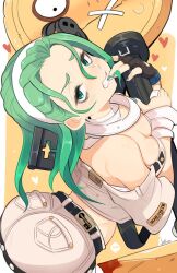 1girl a.b.a ass bags_under_eyes bandaged_chest bandages bare_shoulders blood breasts chain fingerless_gloves gloves green_eyes green_hair guilty_gear guilty_gear_strive hair_over_one_eye headband highres jellcaps key key_in_head long_hair looking_at_viewer object_through_head pale_skin paracelsus_(guilty_gear) short_hair solo stitched_mouth stitches