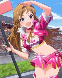 10s 1girl :d aqua_eyes artist_request audience bandeau blush breasts brown_hair choker cleavage crop_top cropped_jacket idolmaster idolmaster_million_live! kousaka_umi long_hair looking_at_viewer midriff miniskirt navel official_art open_mouth race_queen race_track skirt smile thigh_gap