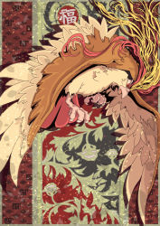 absurdres animal animal_focus beak bird blonde_hair claws commentary gen_1_pokemon highres multicolored_hair nintendo no_humans open_mouth oversized_wings pidgeot pokemon pokemon_(creature) red_eyes red_hair shadow t0k0d18 two-tone_hair wings
