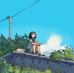 1girl arm_on_knee artist_name black_eyes blue_sailor_collar blue_shorts blue_sky bright_pupils brown_hair bush cat closed_mouth cloud commentary_request concrete day expressionless film_grain food hand_on_own_arm highres holding holding_food holding_popsicle knees_up looking_up neckerchief nemushima no_nose no_socks orange_neckerchief original outdoors overgrown popsicle power_lines sailor_collar scenery school_uniform shirt shoes short_hair short_sleeves shorts sitting sky slime_(creature) solo summer summer_uniform tree utility_pole white_cat white_pupils white_shirt wide_shot