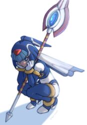 1girl armor ayla_kazemi blue_armor blue_eyes blue_helmet commentary english_commentary fairy_leviathan_(mega_man) fins forehead_jewel full_body head_fins helmet highres holding holding_polearm holding_weapon looking_at_viewer mega_man_(series) mega_man_zero_(series) polearm simple_background solo spear squatting weapon white_background