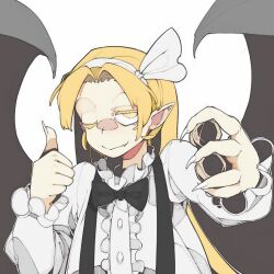 1girl bat_wings black_bow black_bowtie blonde_hair bolos bow bow_hairband bowtie center_frills fingernails frilled_shirt frills hairband kurumi_(touhou) one_eye_closed pointy_ears sharp_fingernails shirt skirt solo suspender_skirt suspenders thumbs_up touhou upper_body vampire white_shirt wings yellow_eyes