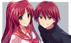 Rule 34 | 1boy, 1girl, asada hachi, bow, bowtie, brother and sister, brown eyes, closed mouth, gakuran, kousaka tamaki, kousaka yuuji, long hair, pink bow, pink neckwear, red hair, red sailor collar, sailor collar, school uniform, serafuku, short hair, siblings, smile, to heart, to heart (series), to heart 2, two side up, upper body