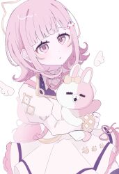 1girl :o alternate_costume bow collared_shirt danganronpa_(series) danganronpa_2:_goodbye_despair detached_wings dress ear_bow flipped_hair galaga highres juliet_sleeves long_sleeves medium_hair monomi_(danganronpa) nanami_chiaki neck_ribbon pink_eyes pink_ribbon puffy_sleeves ribbon rrr_(0o73_rrr) shirt spaceship_hair_ornament white_background white_dress white_shirt wings