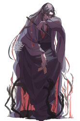 Rule 34 | 1boy, ahoge, black hair, black hanfu, black smoke, chinese clothes, closed mouth, coat, dated, flute, flute tassel, full body, grey coat, hair down, hair ribbon, half updo, hand fan, hanfu, highres, holding, holding flute, holding instrument, holding ofuda, instrument, invisible chair, kimako (kimako 8), long hair, long sleeves, looking down, male focus, modao zushi, official alternate costume, official alternate hairstyle, open clothes, open coat, parted bangs, red eyes, red ribbon, ribbon, robe, shade, sidelocks, simple background, sitting, smoke, solo, talisman, tassel, twitter username, very long hair, watermark, wei wuxian, wei wuxian (yiling laozu), white background, wide sleeves