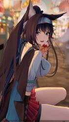 1girl absurdres animal_ears arknights blaze_(arknights) blaze_(explosive_blue_flame)_(arknights) blue_hairband breasts brown_hair cat_ears cat_girl commentary_request crepe food from_side hairband highres holding holding_food large_breasts lavriell long_hair looking_at_viewer official_alternate_costume sitting skirt smile solo watermark