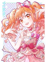 1girl aikatsu!_(series) aikatsu_stars! back_bow bare_shoulders blue_bow blue_outline border bow breasts brown_hair character_name chazui_ranyi chinese_commentary cleavage clothing_cutout collarbone commentary_request cowboy_shot dot_nose double_v earrings eyelashes fang frilled_bow frilled_skirt frilled_tank_top frilled_wrist_cuffs frills hair_between_eyes hair_bow happy heart heart_earrings heart_print highres idol jewelry light_blush light_particles long_hair miniskirt multicolored_bow multicolored_tank_top nail_polish navel nijino_yume open_mouth orange_eyes outline outside_border pink_bow pink_nails pink_skirt pink_tank_top plaid_background plaid_bow plaid_tank_top pleated_skirt pocket purple_background rainbow_gradient ribbon-trimmed_bow ribbon-trimmed_tank_top ribbon_trim single_earring skirt smile solo sparkle split-color_clothes standing stomach_cutout tank_top tareme teeth twitter_username two-tone_background upper_teeth_only v waist_bow wavy_hair white_background white_border white_wrist_cuffs wrist_cuffs