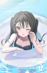 1girl ahoge bare_arms bare_shoulders bikini black_bikini black_hair blue_nails blue_scrunchie blush breasts brown_eyes cauli cleavage collarbone commentary_request crying crying_with_eyes_open day fingernails hair_intakes hair_ornament hair_scrunchie hairclip hand_up highres innertube long_hair looking_at_viewer medium_breasts nail_polish noa_(cauli) one_eye_closed open_mouth original outdoors parallel_hairclips partially_submerged pool raised_eyebrows scrunchie solo sunlight swim_ring swimming swimsuit tears twintails water wet