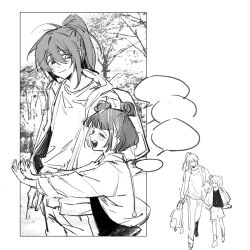 1boy 1girl blush closed_eyes double_bun greyscale hair_bun hands_up high_ponytail highres hong_lu_(project_moon) hood hooded_jacket jacket jia_xichun_(project_moon) jingshenhuanghu limbus_company long_hair long_sleeves monochrome multicolored_hair open_clothes open_jacket open_mouth ponytail project_moon shirt short_hair smile streaked_hair very_long_hair