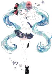 Rule 34 | 1girl, 922pochan, :d, absurdres, aqua hair, arms up, bare arms, bare legs, bare shoulders, black bow, black necktie, black shoes, black skirt, blue eyes, blue hair, blunt bangs, blush, bow, check commentary, collared shirt, commentary, commentary request, dot nose, flower, hair bow, hair flower, hair ornament, hatsune miku, headset, highres, leg up, long hair, looking to the side, masking tape (medium), miku day, miniskirt, mixed media, multicolored hair, necktie, open mouth, own hands together, red bow, shirt, shoes, sidelocks, skirt, sleeveless, sleeveless shirt, smile, solo, standing, standing on one leg, star (symbol), striped bow, swept bangs, teeth, traditional media, twintails, two-tone hair, unconventional media, upper teeth only, vertical-striped bow, very long hair, vocaloid, white background, white shirt