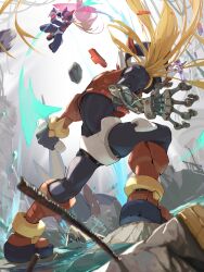 Rule 34 | 2boys, absurdres, armor, battle, battle damage, blonde hair, cyber elf (mega man), cyber elf x (mega man), forehead jewel, from behind, group picture, helmet, highres, holding, holding sword, holding weapon, long hair, male focus, mega man (series), mega man zero (series), mega man zero 3, midair, multiple boys, omega (mega man), omochi (mochi skymega), red armor, red eyes, red helmet, standing, sword, weapon, x (mega man), zero(z) (mega man), zero (mega man)