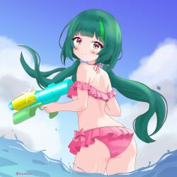 1girl arched_bangs artist_name ass bare_shoulders bikini blue_sky bow bow_bikini closed_mouth cloud cowboy_shot day floating_hair frilled_bikini frills from_behind from_side green_hair halterneck holding holding_water_gun indie_virtual_youtuber inusoku light_blush long_hair looking_at_viewer looking_back low_twintails multicolored_hair nichina_mui outdoors pink_bikini pink_bow sky smile solo standing streaked_hair swimsuit twintails v-shaped_eyebrows virtual_youtuber wading water water_gun yellow_eyes