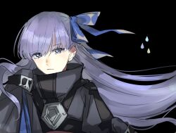 Rule 34 | 1girl, ayanolity, black background, black jacket, blue eyes, commentary request, expressionless, fate/extra, fate/extra ccc, fate (series), hair ribbon, jacket, light frown, long hair, meltryllis (fate), purple hair, ribbon, sleeves past fingers, sleeves past wrists, solo