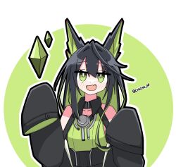 1girl :d anime_coloring arknights bare_shoulders black_jacket blush bright_pupils chicho_ap collarbone crystal fang green_background green_eyes hair_between_eyes hands_up highres jacket looking_at_viewer mon3tr_(arknights) off_shoulder open_mouth outline personification skin_fang sleeves_past_fingers sleeves_past_wrists smile solo twitter_username white_background white_outline white_pupils