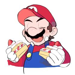 Rule 34 | 1boy, blue overalls, brown hair, cake, closed eyes, facial hair, food, gloves, hat, holding, holding cake, holding food, mario, mario (series), mikmi666, mustache, nintendo, open mouth, overalls, red hat, red shirt, shirt, short hair, simple background, solo, upper body, white background, white gloves