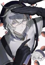 1boy asymmetrical_hair bird black_gloves blocking chibi chicken_(food) chicken_leg collared_shirt commentary creature_on_hand crossed_bangs crow food from_above garter_straps gloves grey_hair hair_between_eyes hand_up hat highres holding honkai:_star_rail honkai_(series) kashiko_0911 looking_to_the_side male_focus moze_(honkai:_star_rail) pout purple_eyes salute shirt solo upper_body white_background white_hair white_shirt