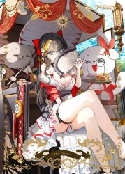 absurdres black_hair blue_eyes blush bow braid breasts card_(medium) carriage chariot cleavage covering_face crossed_legs folding_fan food fur_trim haedungi_(shirayuki_hina) hair_bow hair_ornament hand_fan heart heart_hair_ornament highres holding holding_fan holding_tray large_breasts long_hair looking_at_viewer monocle pie red_bow roman_numeral shirayuki_hina single_braid sitting slow_2pin solo stellive tarot tea the_chariot_(tarot) thigh_strap tray virtual_youtuber