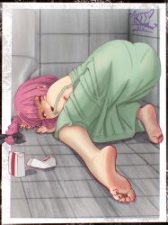 1girl alcohol_carton all_fours ass bare_shoulders black_nails black_ribbon blush bocchi_the_rock! dress from_behind full_body green_dress hair_ribbon highres hiroi_kikuri indoors long_hair looking_at_viewer looking_back nail_polish on_floor open_mouth outside_border pantylines purple_eyes purple_hair ribbon sharp_teeth signature sleeveless sleeveless_dress soles solo strap_slip teeth tile_floor tile_wall tiles toenail_polish toenails toes toilet toilet_seat top-down_bottom-up treepxiv
