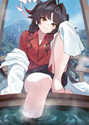 1girl barefoot black_hair black_shorts blue_archive brown_eyes commentary_request deca_purio halo highres kasumi_(blue_archive) looking_at_viewer onsen red_shirt shirt shorts sitting smile soles solo steam toes white_halo