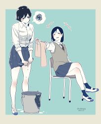 2girls ^_^ artist_name ayano10621435 blue_skirt bucket chair closed_eyes commentary crossed_legs dated diagonal-striped_clothes diagonal-striped_necktie full_body highres holding holding_towel mary_janes multiple_girls necktie on_chair original shirt shoes short_hair sitting skirt smile socks speech_bubble squeezing squiggle standing striped_clothes symbol-only_commentary thought_bubble towel unworn_socks vest water water_drop wet wet_clothes white_shirt