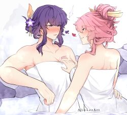 2girls absurdres alielerart armpits artist_name biceps blush breasts cleavage collarbone commentary couple english_commentary eye_contact flower genshin_impact grin hair_bun hair_flower hair_ornament hair_over_shoulder hair_up hand_on_another&#039;s_chest hand_on_another&#039;s_hip hand_up heart highres imminent_exposure large_breasts long_sidelocks looking_at_another lower_teeth_only motion_lines multiple_girls muscular muscular_female naked_towel nose_blush onsen open_mouth pink_eyes pink_hair purple_eyes purple_flower raiden_shogun rock shoulder_blades sidelocks sideways_mouth smile teeth towel upper_body water wet yae_miko yuri