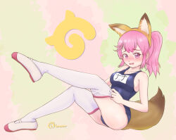 1girl alternate_costume animal_ears blue_one-piece_swimsuit blush fake_animal_ears hair_between_eyes japari_symbol kemono_friends multicolored_shoes name_tag nana_(kemono_friends) nokemono-san_(bocchi_friend) nose_blush one-piece_swimsuit pink_eyes pink_hair pulling_off_legwear red_shoes red_trim school_swimsuit shoes short_hair side_ponytail sidelocks sitting solo sweatdrop swimsuit thighhighs two-tone_shoes uwabaki white_shoes white_thighhighs