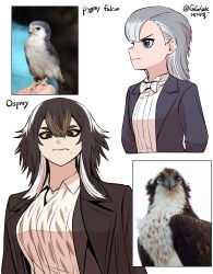 2girls absurdres bird black_eyes black_hair black_jacket bow bowtie gegegekman grey_hair highres jacket mole mole_under_mouth multicolored_hair multiple_girls open_clothes open_jacket original shirt simple_background two-tone_hair white_background white_bow white_bowtie white_hair white_shirt