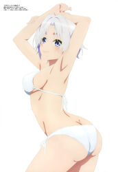 Rule 34 | 1girl, absurdres, amagami-san chi no enmusubi, armpits, arms up, ass, bikini, blush, breasts, butt crack, closed mouth, highres, magazine scan, medium breasts, megami magazine, official art, parted bangs, purple eyes, scan, shimekiri mamoran, short hair, sideboob, simple background, smile, solo, swimsuit, thighs, tsuruyama shirahi, white background, white bikini, white hair