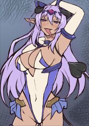 1girl aoi_tabane arm_up armpits blue_trim blush breasts cleavage collar covered_navel cowboy_shot dark-skinned_female dark_skin demon_girl demon_horns demon_tail elbow_gloves empty_eyes fangs forked_tongue gloves gluteal_fold hair_between_eyes highleg highleg_leotard highres horns katsuragi_marina kougyaku_reiki kouyoku_senki_exs-tia large_breasts leotard long_hair long_tongue looking_at_viewer open_mouth pointy_ears purple_eyes purple_hair smile solo tail tongue tongue_out very_long_hair white_gloves white_leotard