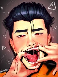 ! !! 1boy 1other artist_name birdsqke black_hair blood bodysuit brown_background fangs highres invincible_(series) looking_at_viewer male_focus open_mouth pov pov_hands red_eyes saliva short_hair sinister_invincible solo_focus spoilers tongue tongue_out upper_body yellow_bodysuit