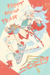Rule 34 | 1girl, 2024, bandaid, bandaid on leg, bare shoulders, blue eyes, blue nails, braid, chinese clothes, chinese zodiac, commentary request, dragon girl, dragon horns, dragon tail, dudou, fingernails, full body, hair ornament, hairclip, happy new year, highres, horns, jacket, long hair, looking at viewer, new year, off shoulder, oimo (14sainobba), open clothes, open jacket, open mouth, original, pointy ears, sharp fingernails, sharp teeth, shoes, shorts, side braid, smile, sneakers, solo, tail, teeth, white hair, year of the dragon