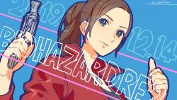Rule 34 | 1girl, blue eyes, brown hair, claire redfield, closed mouth, female focus, gun, jewelry, kotatsu (g-rough), looking at viewer, necklace, ponytail, resident evil, resident evil: revelations, resident evil: revelations 2, resident evil 2, resident evil 2 (remake), short hair, solo, weapon