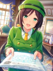 1girl absurdres aqua_eyes artist_request black_sleeve_cuffs blazer bow bowler_hat breasts brown_hair buttons chair collared_shirt cowboy_shot crest cup curtains day desk dot_nose double-breasted envelope eyelashes eyes_visible_through_hair fingernails flower game_cg giving green_hat green_jacket hair_bow happy hat hayakawa_tazuna highres holding holding_envelope horseshoe_hat_ornament horseshoe_ornament indoors jacket large_breasts light_blush light_rays long_hair long_sleeves looking_at_viewer low_twintails necktie office official_art open_mouth pen photo_(object) picture_frame pink_flower rug shirt sleeve_cuffs smile solo sparkle standing sunlight tree trophy twintails umamusume vase very_long_hair white_shirt window wooden_floor yellow_bow yellow_necktie