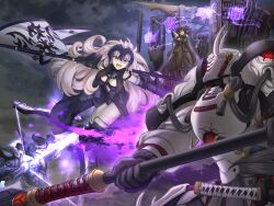 2boys 2girls armor battle black_hair bow_(weapon) breasts cleavage commentary_request dress fate/grand_order fate_(series) fire flag floating_hair full_armor grey_hair hanging_gardens_of_babylon_(fate) headpiece holding holding_bow_(weapon) holding_flag holding_polearm holding_weapon jeanne_d&#039;arc_alter_(avenger)_(fate) jeanne_d&#039;arc_alter_(avenger)_(third_ascension)_(fate) jeanne_d&#039;arc_alter_(fate) katana long_hair looking_at_another medium_breasts minamoto_no_tametomo_(fate) mori_nagayoshi_(fate) multiple_boys multiple_girls pointy_ears polearm purple_fire semiramis_(fate) shoori_(migiha) smile spear sword teeth upper_teeth_only weapon