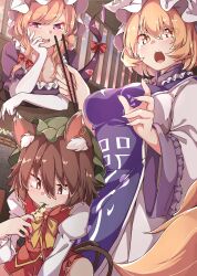3girls absurdres animal_ear_fluff animal_ear_piercing animal_ears blonde_hair blue_tabard breasts brown_eyes brown_hair cat_ears cat_girl cat_tail chen chopsticks cleavage collarbone dress eating elbow_gloves fangs food_in_mouth fox_girl fox_tail frills gap_(touhou) gloves gokuu_(acoloredpencil) hair_between_eyes hat head_rest highres holding holding_chopsticks kitsune kyuubi large_breasts long_hair long_sleeves looking_at_another looking_at_viewer medium_hair mob_cap multiple_girls multiple_tails nail_polish open_mouth purple_dress purple_eyes red_nails red_skirt red_vest shirt short_sleeves skirt slit_pupils squatting tabard tail touhou two_tails upper_body vest white_dress white_gloves white_shirt yakumo_ran yakumo_yukari yellow_eyes