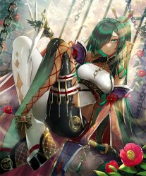 1girl apt arm_support bare_shoulders black_gloves bodysuit braid breasts chain clothing_cutout dagger detached_sleeves dual_wielding elf eyeshadow fishnets flower gloves green_eyes green_hair green_ribbon hair_over_one_eye hair_ribbon high_ponytail holding holding_dagger holding_knife holding_weapon indoors japanese_clothes knife large_breasts leaf leafshade_assassin_(shadowverse) long_hair makeup multicolored_bodysuit nature official_art parted_lips plant pointy_ears ponytail red_eyeshadow red_flower ribbon shadowverse sitting solo swept_bangs very_long_hair vines weapon weapon_in_garters wedge_heels