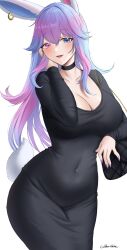 Rule 34 | 1girl, animal ears, bag, black bag, black choker, black dress, blue eyes, blue hair, breasts, choker, cleavage, collarbone, cottontail (vtuber), dress, earrings, handbag, heterochromia, highres, indie virtual youtuber, jewelry, large breasts, long sleeves, multicolored hair, open mouth, purple eyes, purple hair, purple nails, rabbit ears, rabbit tail, signature, solo, tail, velvet noir, virtual youtuber, white background
