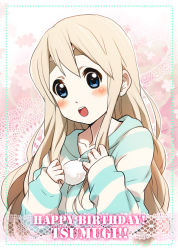 1girl blonde_hair blue_eyes casual character_name eyebrows_hidden_by_hair female_focus happy_birthday hood hoodie k-on! kotobuki_tsumugi long_hair minimaru solo striped_clothes striped_sweater sweater teeth upper_teeth_only