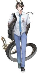 Rule 34 | 1boy, alternate costume, arknights, black hair, black shoes, blue necktie, blue pants, chongyue (arknights), closed mouth, collared shirt, colored extremities, commentary, commentary typo, english commentary, full body, grey hair, hair between eyes, hair intakes, hand in pocket, highres, horns, ikmaln300 (mal008), indonesian high school uniform, long hair, male focus, multicolored hair, necktie, pants, red eyes, school uniform, shirt, shoes, short sleeves, simple background, solo, split mouth, standing, streaked hair, tail, white background, white shirt