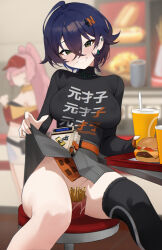 Rule 34 | 1girl, ahoge, asymmetrical legwear, belle (zenless zone zero), black shirt, blue hair, blurry, blurry background, clothes lift, clothes writing, convenient censoring, cup, disposable cup, drinking straw, earrings, fast food, food, french fries, green eyes, grey skirt, hair between eyes, hair ornament, highres, jewelry, kumari2311, letter hair ornament, long sleeves, looking at viewer, shirt, skirt, skirt lift, smile, zenless zone zero