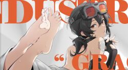 1girl absurdres ahoge bare_shoulders barefoot black_gloves black_hair character_name elbow_gloves feet feet_up fingerless_gloves from_behind gloves goggles goggles_on_head grace_howard hair_between_eyes highres incredibly_absurdres interlocked_fingers looking_at_viewer looking_back low_ponytail lying medium_hair mindscape_cinema_(zenless_zone_zero) official_art on_stomach own_hands_together parted_lips ponytail red-tinted_eyewear red_eyes shoulder_tattoo soles solo spread_toes sweat tattoo the_pose tinted_eyewear toenails toes zenless_zone_zero